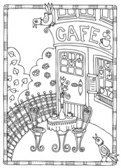 Illustration depicting terrace of café culture. Hand drawn picture. Sketch for anti-stress adult coloring book in zen-tangle style. It may be used for design of a postcard or a poster.