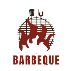 Hot grill logo design template with flame fire shape illustration. Vector element graphic barbecue concept in vintage style. Can use for stamp, emblem, logotype. Retro restaurant and bar identity