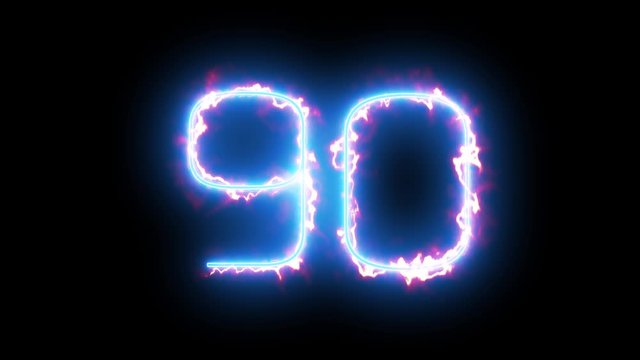 Blue lights form luminous numeral 90 on black background. Appears and disappears. Fiery style. 4k.  Seamless loop.