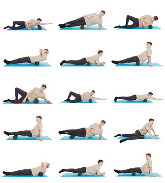 Set of 15 exercises using a foam roller for a myofascial release massage
