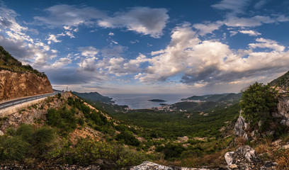 Fototapeta na wymiar Budva riviera coastline. Montenegro. View from mountain pass top.