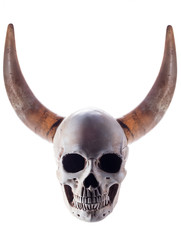 Human skull with two ram horns. Skull and horns on a white background.