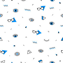 Glasses eyes seamless pattern on white background and geometric shapes in memphis style. Eyeglasses. Vector illustration. Fashion background in minimal design.