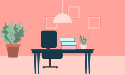 Modern Office with Furniture and Plant on the Floor. Workplace Interior Flat Vector Illustration.