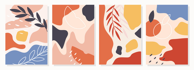 Fototapeta na wymiar Set of posters with elements of fruits, plants and abstract shapes, modern graphic design. Perfect for social media, poster, cover, invitation, brochure. Vector