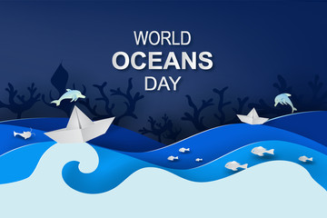 Paper art and cut style concept of World Oceans Day. Celebration dedicated to help protect sea earth and conserve water ecosystem. Blue tone origami craft paper of sea waves. Paper boat on sea