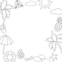 Set of different summer objects isolated on white background. Summer frame collection. Linear sketch for coloring booking page. Vector illustration
