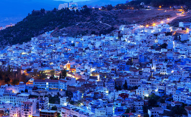 Panoramic view of Chefchaouen Blue Medina on sunset time in Morocco, Northern Africa