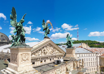 Obraz premium Sculptures on Lviv opera house, Ukraine from drone