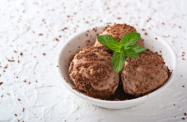 Bowl of chocolate ice cream on white wooden background. From top view