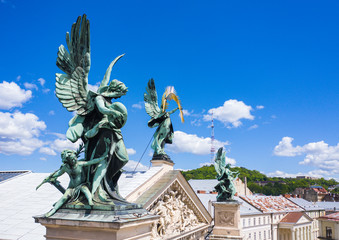 Fototapeta na wymiar Sculptures on Lviv opera house, Ukraine from drone