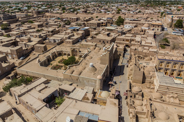 Aerial view of Shergazi Khan Madrasah in Khiva, Uzbekistan