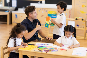 Foreign teacher teaching art class in classroom
