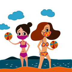 trendy cute girls in trikini bikini and  face mask playing beach balls on the beach cartoon vector