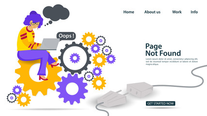 Banner Oops 404 error page not found Internet connection problems Girl with glasses and laptop sitting on gears for websites and mobile apps Flat vector illustration