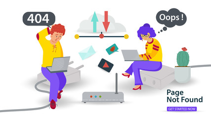 Banner Oops 404 error page not found Internet connection problems guy and girl with laptops sitting on cable for websites and mobile apps Flat vector illustration