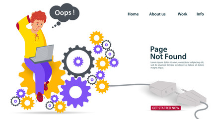 Banner Oops 404 error page not found Internet connection problems guy with laptop sitting on gears for websites and mobile apps Flat vector illustration