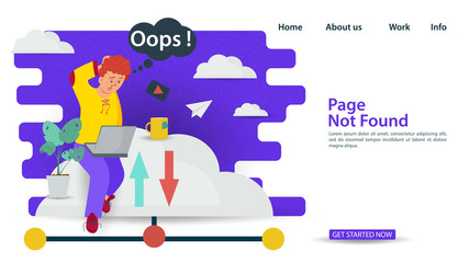 Banner Oops 404 error page not found Internet connection problems Man sitting on cloud with laptop for websites and mobile apps Flat vector illustration
