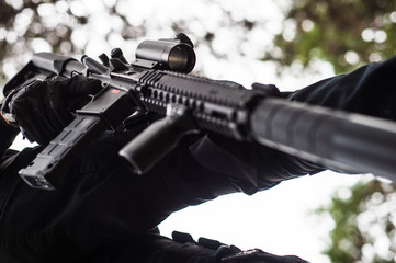 Close-up of weapons for sports and recreation. Military game Laser War