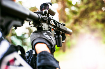 Close-up of weapons for sports and recreation. Military game Laser War