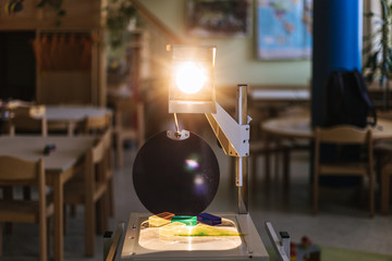 Schooling concept: Retro overhead projector in classroom, educational system - obrazy, fototapety, plakaty
