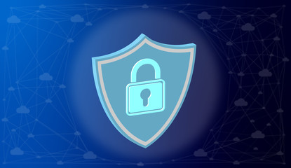 Cyber security concept shield with lock on blue background and connected clouds.
