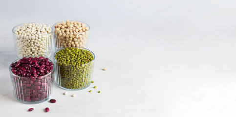 Bowls of various legumes: chickpeas, lentils, mung, red and white bean on a gray background. Banner with copy space.
