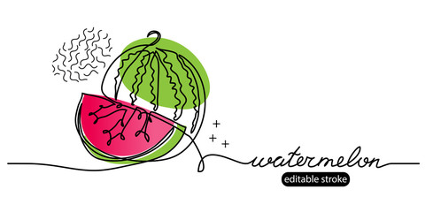 Watermelon vector sketch, illustration, banner in modern memphis style. One continuous line drawing. Minimalist banner, background, poster with lettering watermelon and editable stroke.