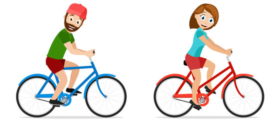 Fototapeta premium Man and woman ride bicycles. Cycling, healthy lifestyle