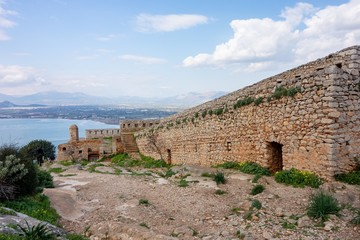Fototapeta na wymiar Protective stone walls of the Fortress of Palamidi, Naflplio, Greece