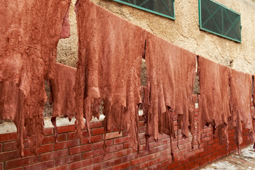 Leather drying on the ropes in old Tannery of Tetouan Medina. Northern Morocco.