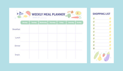 Weekly meal planner and shopping list for organize. Healthy meal plan for diet and food. Vector Printable Template.  © Katie