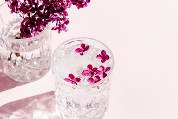 Beautiful vivid lilac flowers in crystal glass on pink background. 