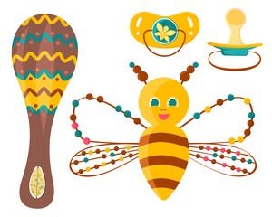 Baby kit. A rattle  and pacifier. Maracas rattle. Bee picture. Vector illustration in brown shades. 