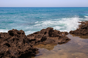 View of the Atlantic Ocean and Morocco coast in sunny day.