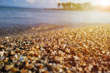 Sea stones on the beach. Pebbles close up.