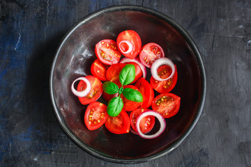 tomato and basil salad Menu concept healthy eating. food background top view copy space for text healthy eating table setting keto or paleo diet organic