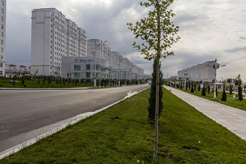 Fototapeta na wymiar Marble-clad buildings in Ashgabat, capital of Turkmenistan