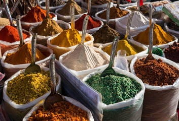 Spices, herbs and curry powders on display at Anjuna Beach Flea Market, Goa, India - 351336487