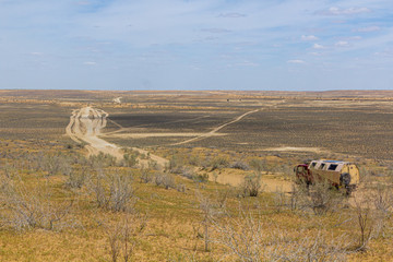 Truck riding to Darvaza (Derweze) gas crater (Door to Hell or Gates of Hell) in Turkmenistan
