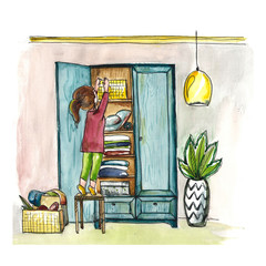 Hand drawn illustration of a girl at home.
