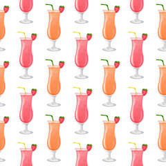Watercolor seamless pattern with red and orange cocktail glasses, straw and strawberries. Hand drawn illustration on white background for design textile, wrapping paper, scrapbooking, web design