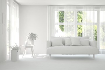 White living room with sofa and summer landscape in window. Scandinavian interior design. 3D illustration