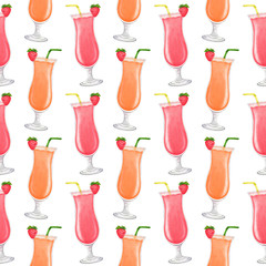 Watercolor seamless pattern with red and orange cocktail glasses, straw and strawberries. Hand drawn illustration on white background for design textile, wrapping paper, scrapbooking, web design