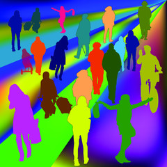 people on the street colored silhouettes pattern