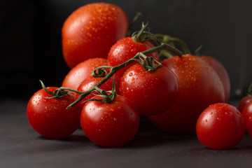 The fresh tomato with young herbs on a black background