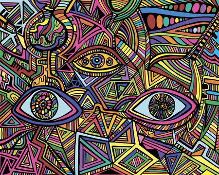 Cartoon fantastic psychedelic shamanic eyes of crazy patterns.