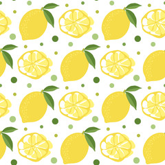 Lemon seamless pattern. Vector illustration citrus fruit. Summer template food. Lemon slice pattern on white background. Repeating texture. Modern ornament. Design paper, wallpaper, cover.