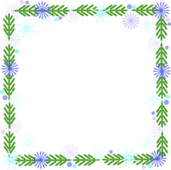 Fototapeta na wymiar frame of green christmas tree branches and snowflakes, add your own text. Winter background for christmas or new year design. Illustration for greeting cards, invitations, and packaging