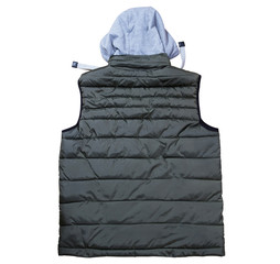 Back view of vest with a hood isolated on the white background, green vest top view on a white...